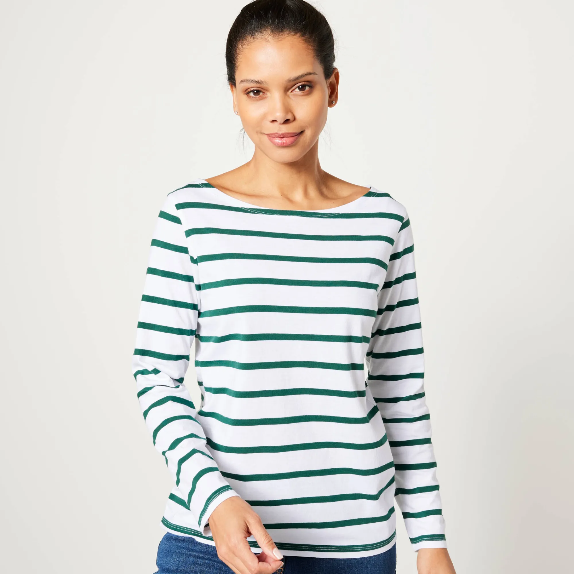 T-Shirt En Topje<Blancheporte T-shirt in biokatoen met lange mouwen en marinestrepen wit / groen