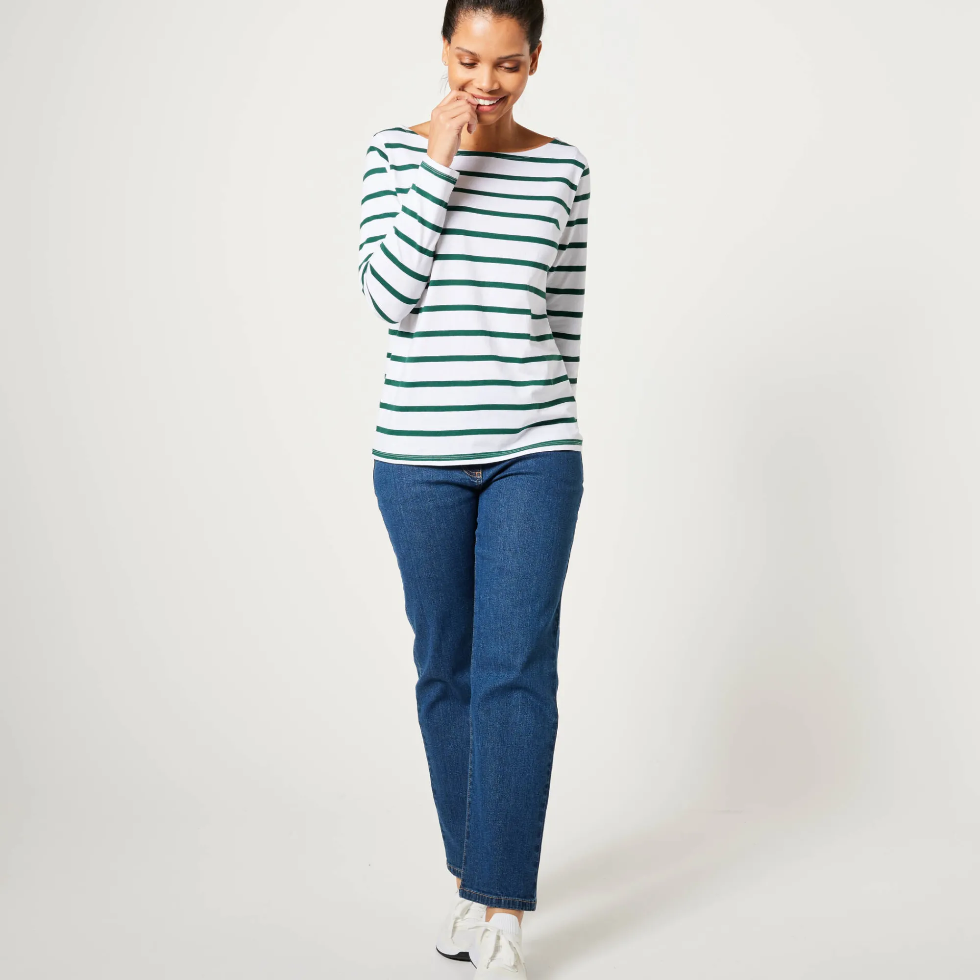 T-Shirt En Topje<Blancheporte T-shirt in biokatoen met lange mouwen en marinestrepen wit / groen