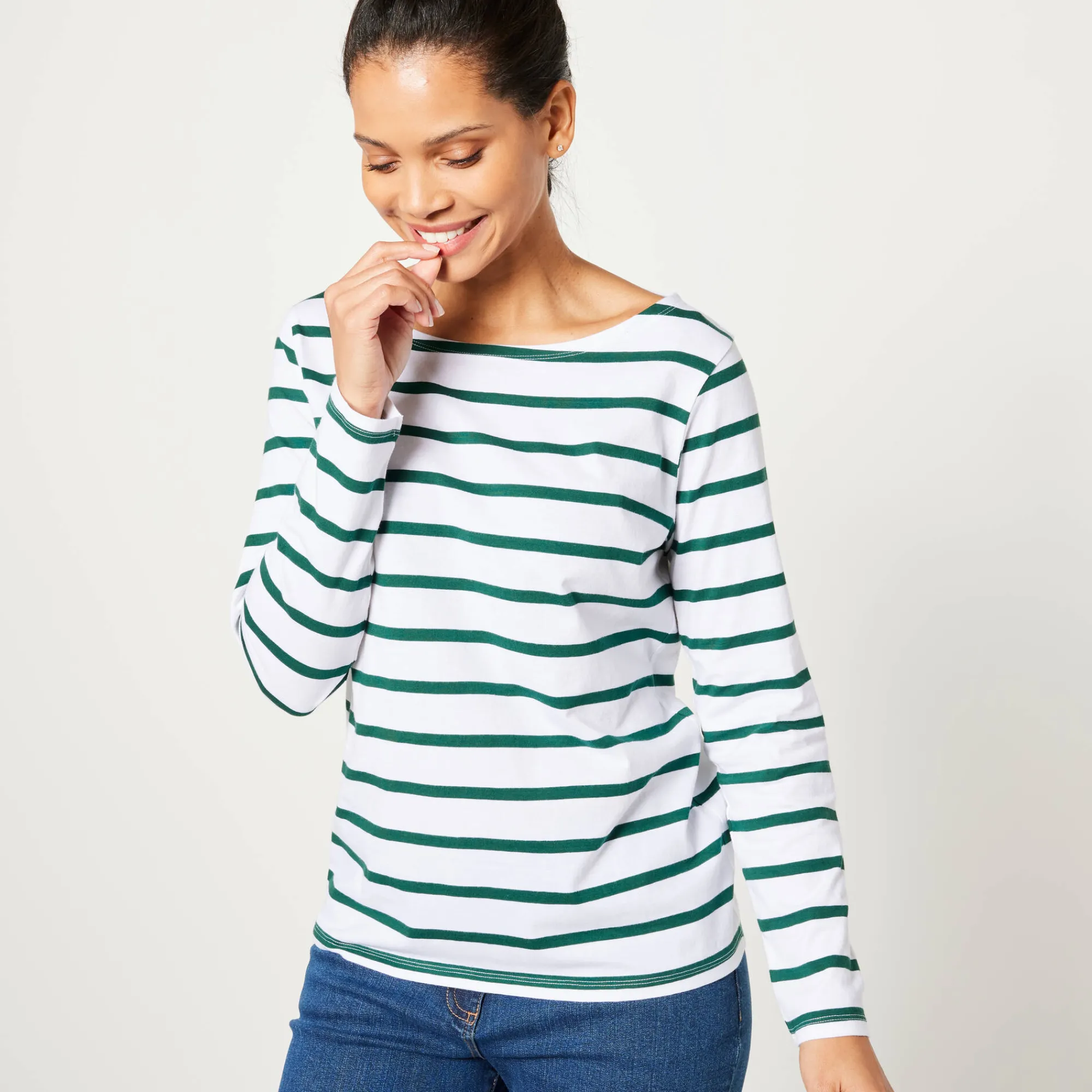 T-Shirt En Topje<Blancheporte T-shirt in biokatoen met lange mouwen en marinestrepen wit / groen