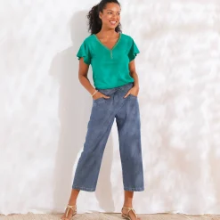 T-Shirt En Topje<Blancheporte T-shirt in effen tricot met goudkleurige V-hals groen
