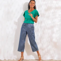 T-Shirt En Topje<Blancheporte T-shirt in effen tricot met goudkleurige V-hals groen