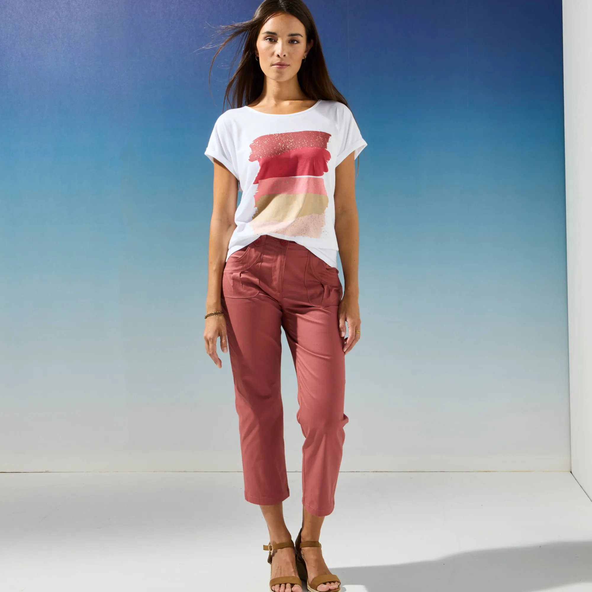 T-Shirt En Topje<Blancheporte T-shirt in fifties model met arty print, jerseytricot terracotta