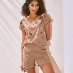 T-Shirt En Topje<Blancheporte T-shirt in fifties stijl, vlinderprint hazelnootbruin