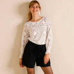 Feestoutfits Dames|T-Shirt En Topje<Blancheporte T-shirt in kant met lange bloezende mouwen ecru