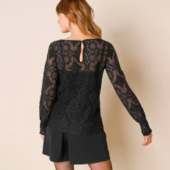 Feestoutfits Dames|T-Shirt En Topje<Blancheporte T-shirt in kant met lange bloezende mouwen zwart