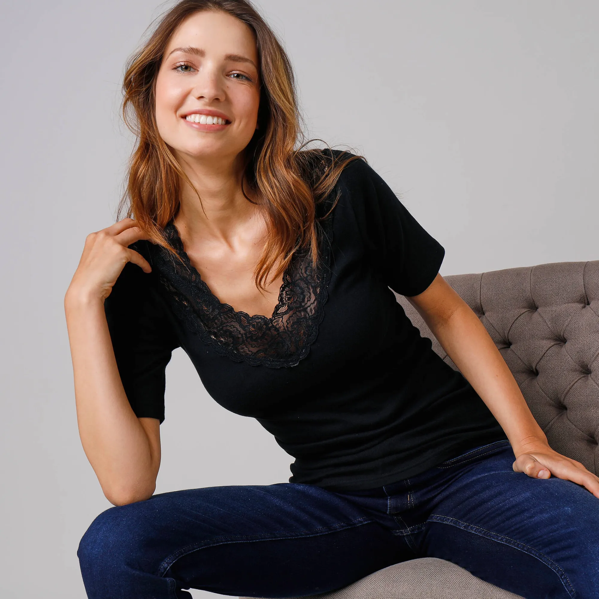 Thermisch Ondergoed<Blancheporte T-shirt in katoen en kant - set van 2 zwart