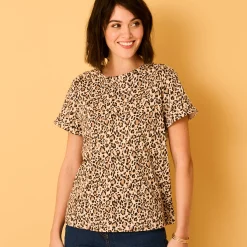 T-Shirt En Topje<Blancheporte T-shirt, korte mouwen met omslag, dierenhuidprint beige