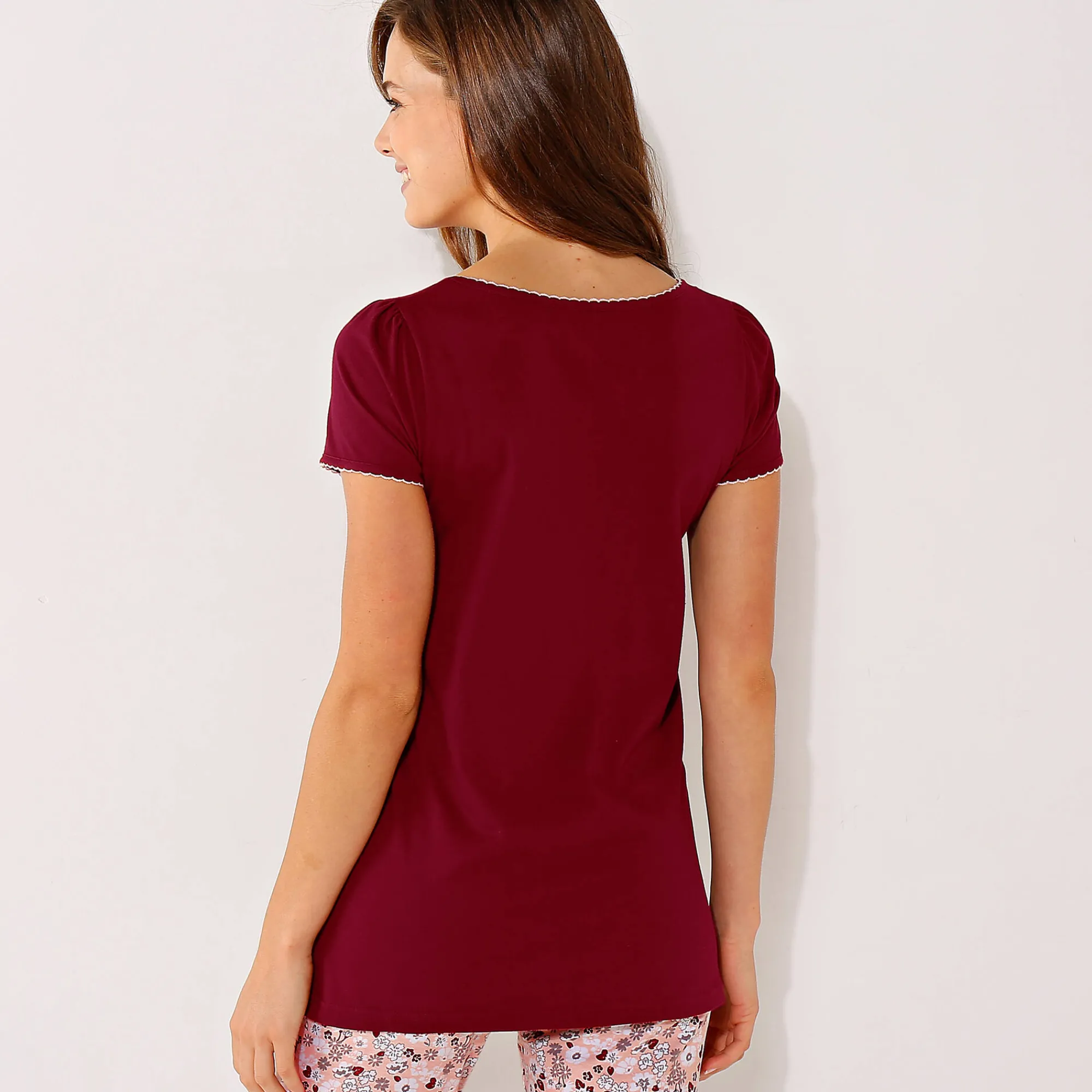 Pyjama<Blancheporte T-shirt met bloemenprint - korte mouwen kersenrood