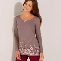 Pyjama<Blancheporte T-shirt met bloemenprint - lange mouwen taupe