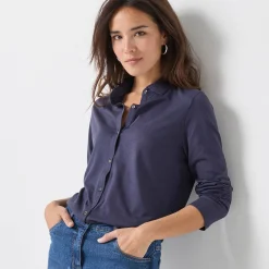 T-Shirt En Topje<Blancheporte T-shirt met knopen, lange mouwen en polokraag marine