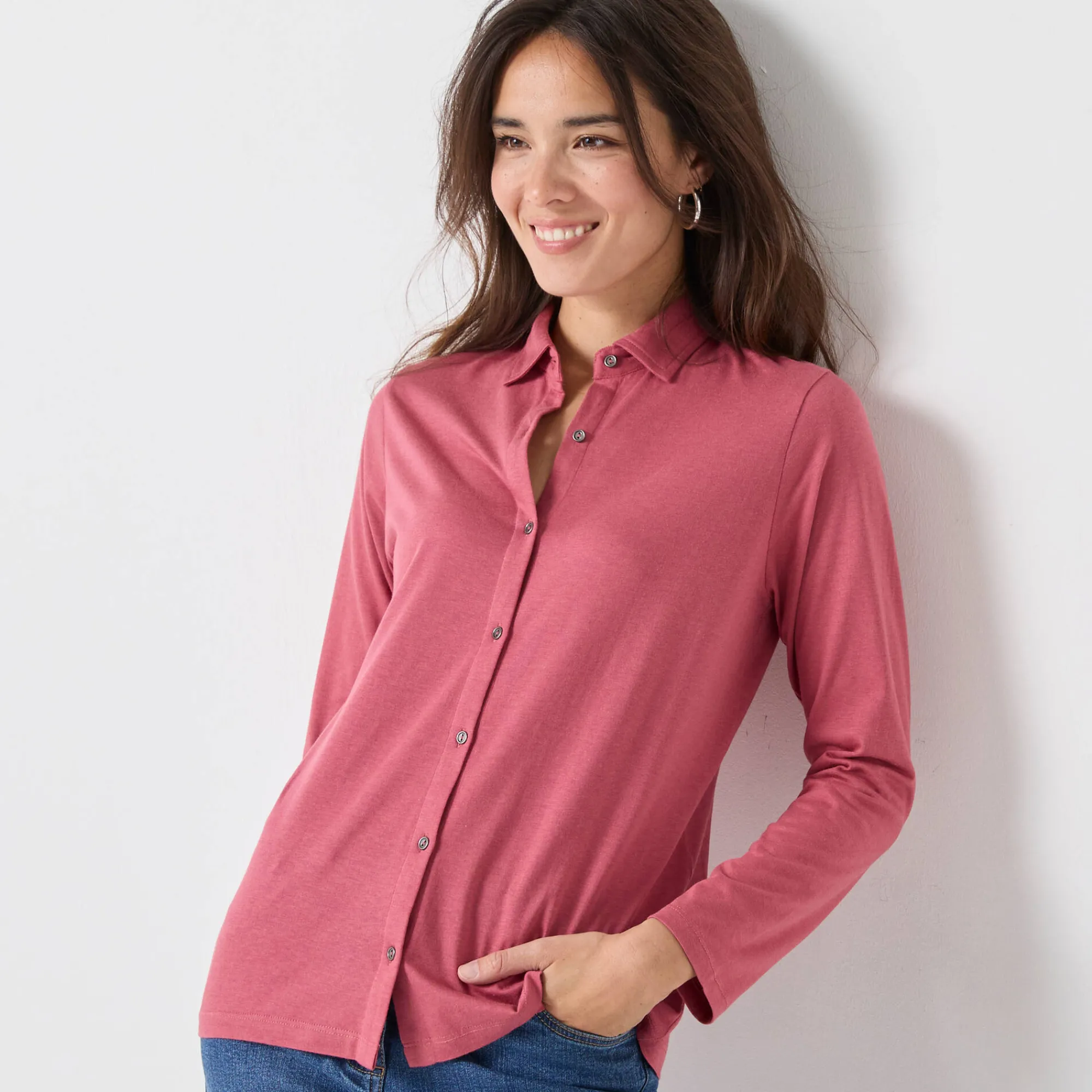 T-Shirt En Topje<Blancheporte T-shirt met knopen, lange mouwen en polokraag grijsvioline