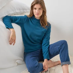 Thermisch Ondergoed<Blancheporte T-shirt met 'koker' kraag, in microfleece - intense warmte petroleumblauw