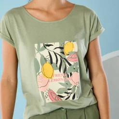 T-Shirt En Topje<Blancheporte T-shirt met korte mouwen en geplaatste print, Kleine Lengtes lindegroen