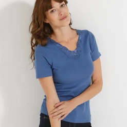 Thermisch Ondergoed<Blancheporte T-shirt met korte mouwen en kant blauw