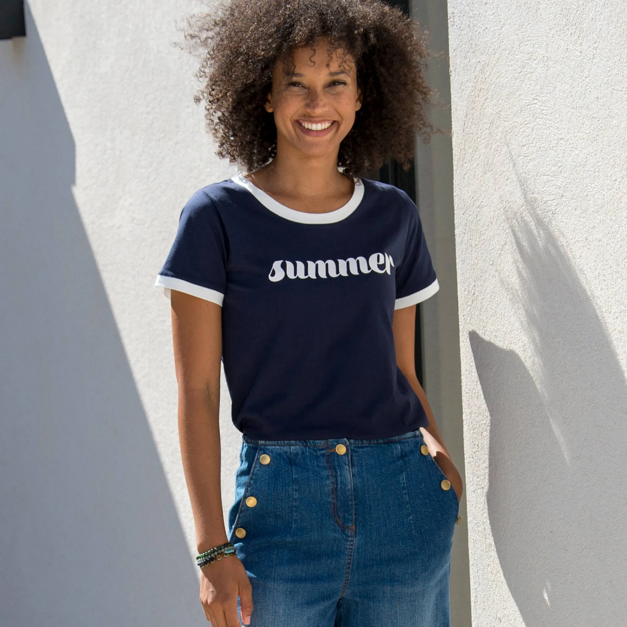 T-Shirt En Topje<Blancheporte T-shirt met korte mouwen en opdruk “Summer" marine / wit