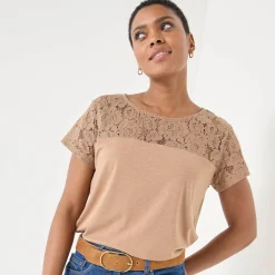 T-Shirt En Topje<Blancheporte T-shirt met korte mouwen in kant chiné hazelnootbruin