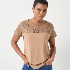T-Shirt En Topje<Blancheporte T-shirt met korte mouwen in kant chiné hazelnootbruin