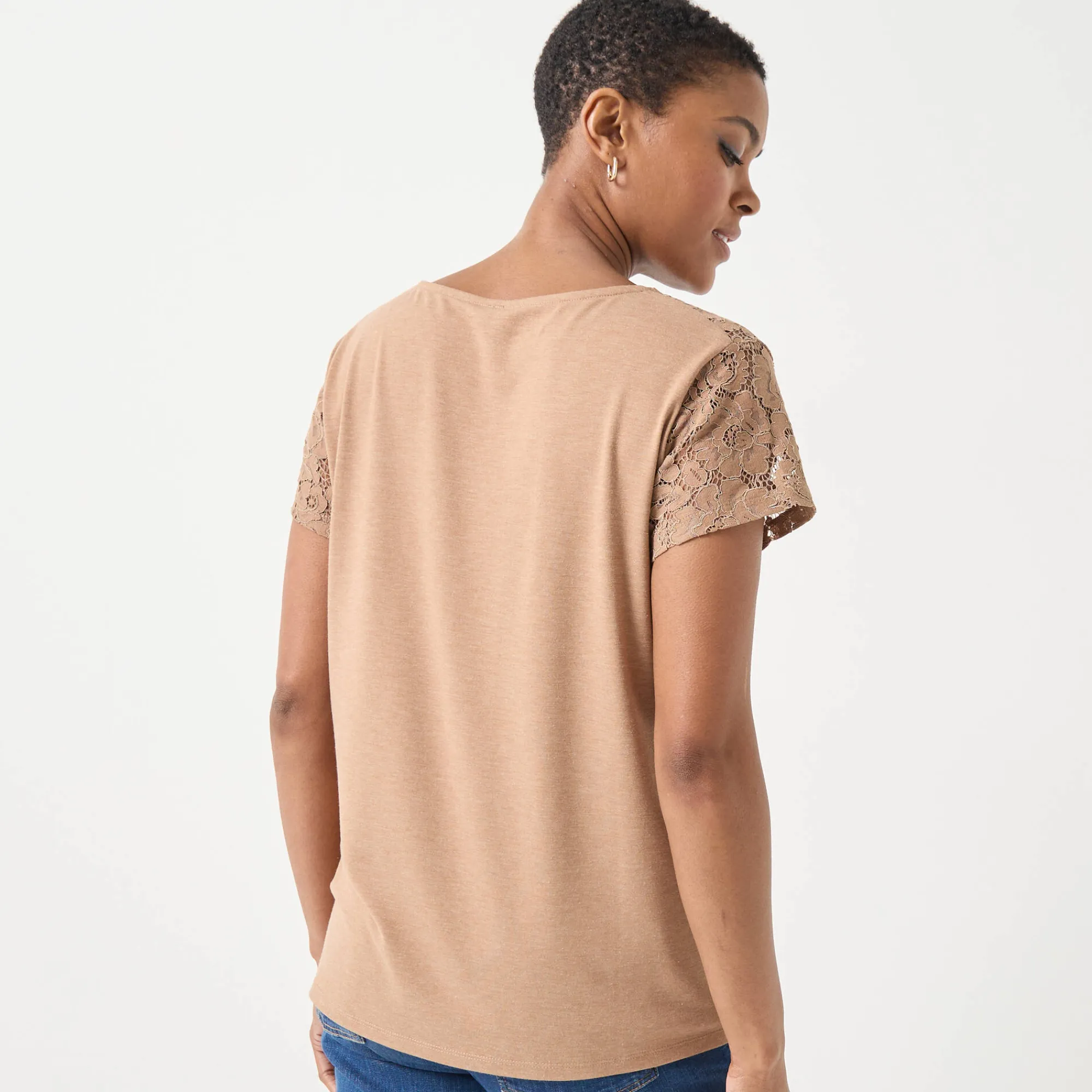 T-Shirt En Topje<Blancheporte T-shirt met korte mouwen in kant chiné hazelnootbruin