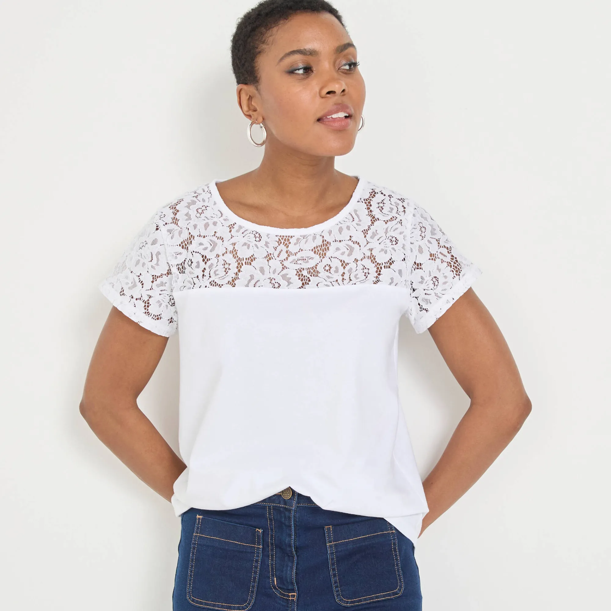 T-Shirt En Topje<Blancheporte T-shirt met korte mouwen in kant wit