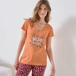 Pyjama<Blancheporte T-shirt met korte mouwen in effen katoen geplaatste "Beautiful" print koper
