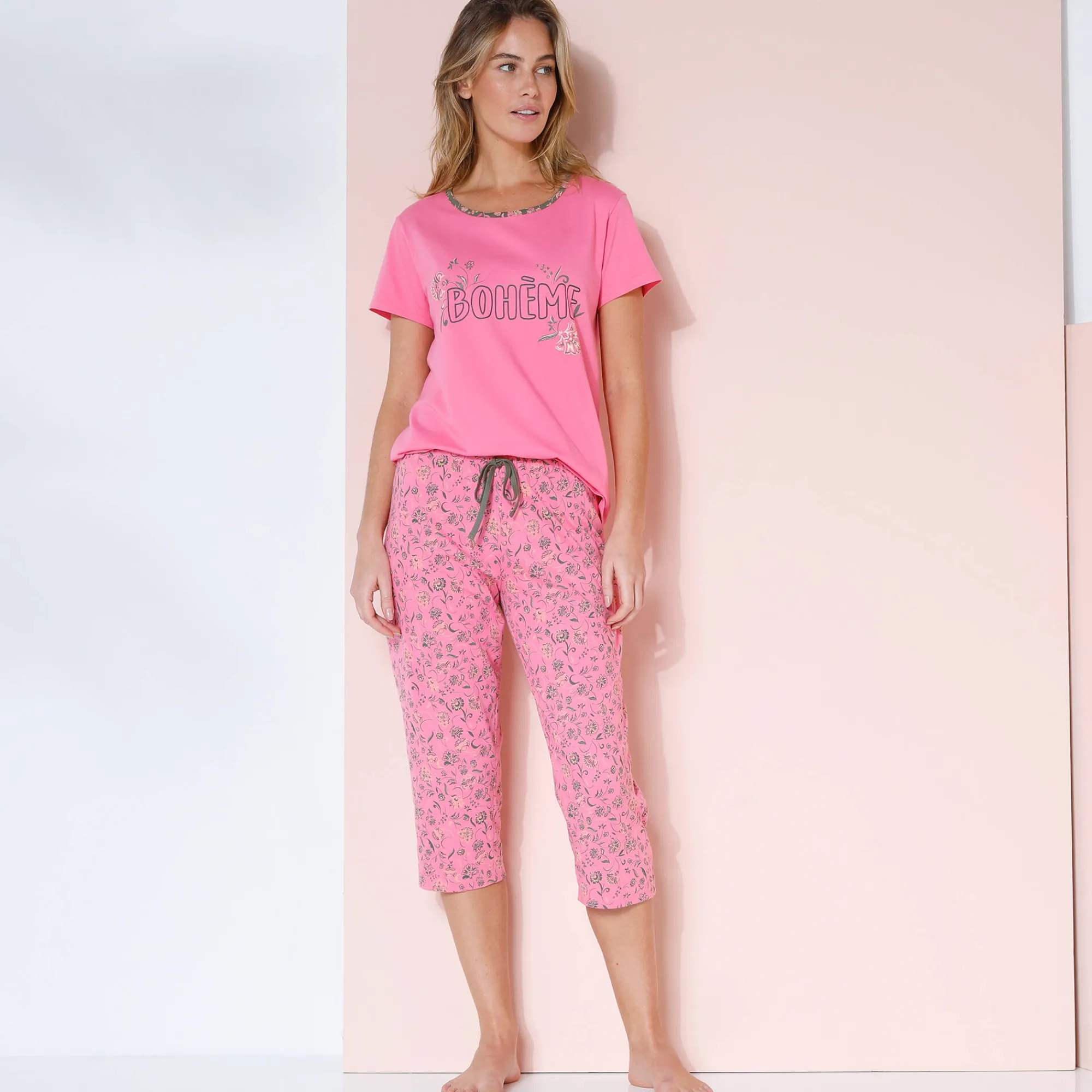 Pyjama<Blancheporte T-shirt met korte mouwen in effen katoen met geplaatste "Bohème" print Indisch roze