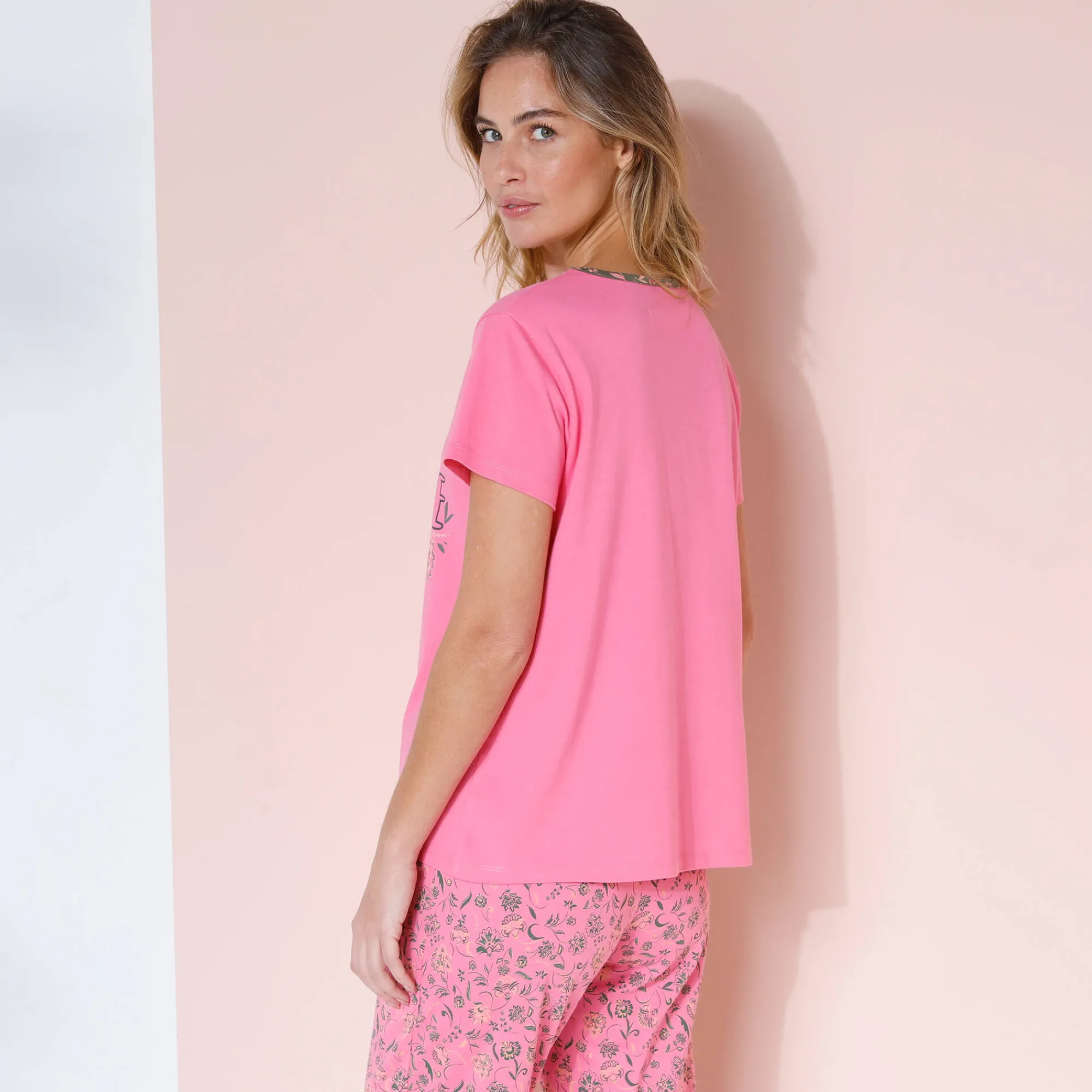 Pyjama<Blancheporte T-shirt met korte mouwen in effen katoen met geplaatste "Bohème" print Indisch roze