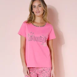 Pyjama<Blancheporte T-shirt met korte mouwen in effen katoen met geplaatste "Bohème" print Indisch roze