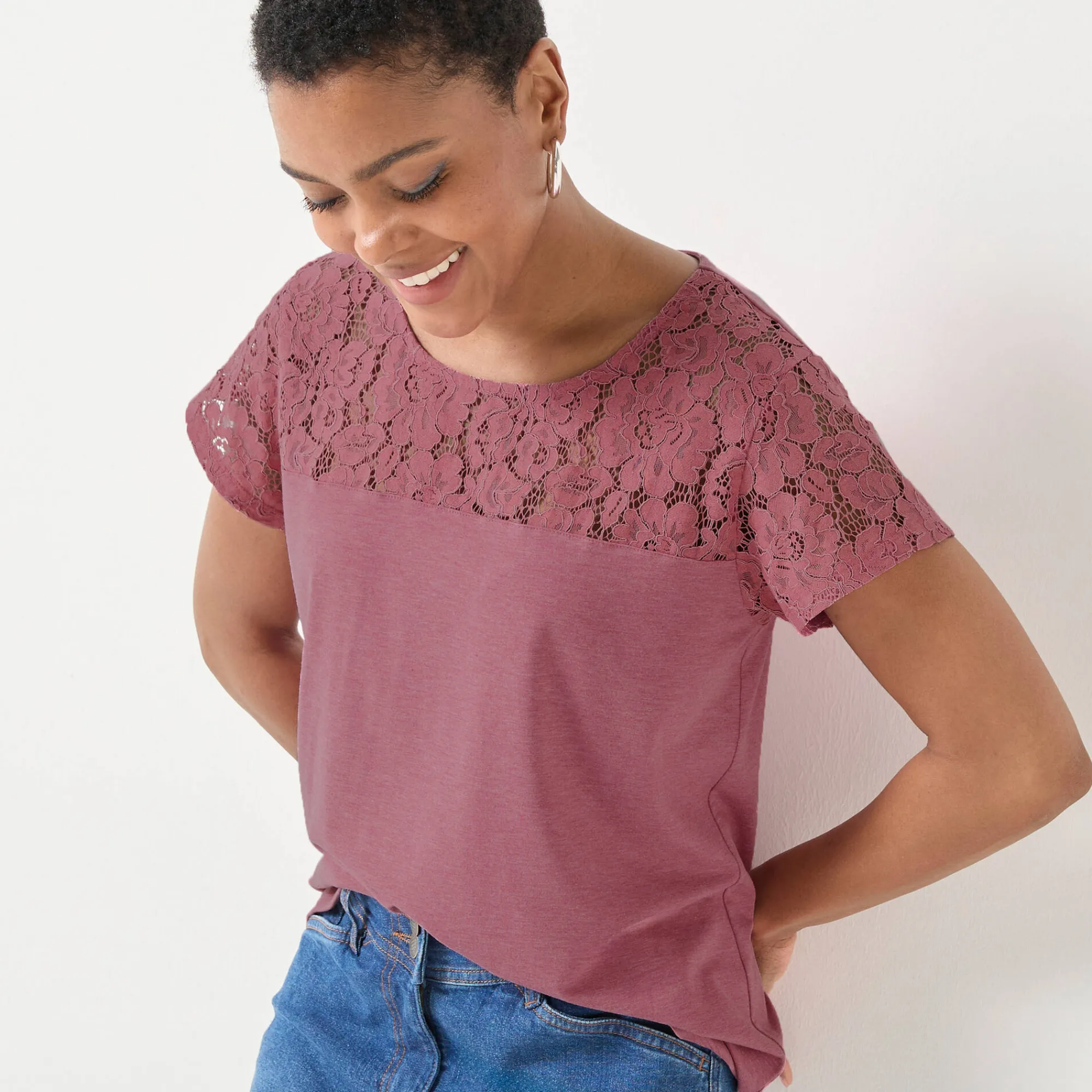 T-Shirt En Topje<Blancheporte T-shirt met korte mouwen in kant chiné rozenhout