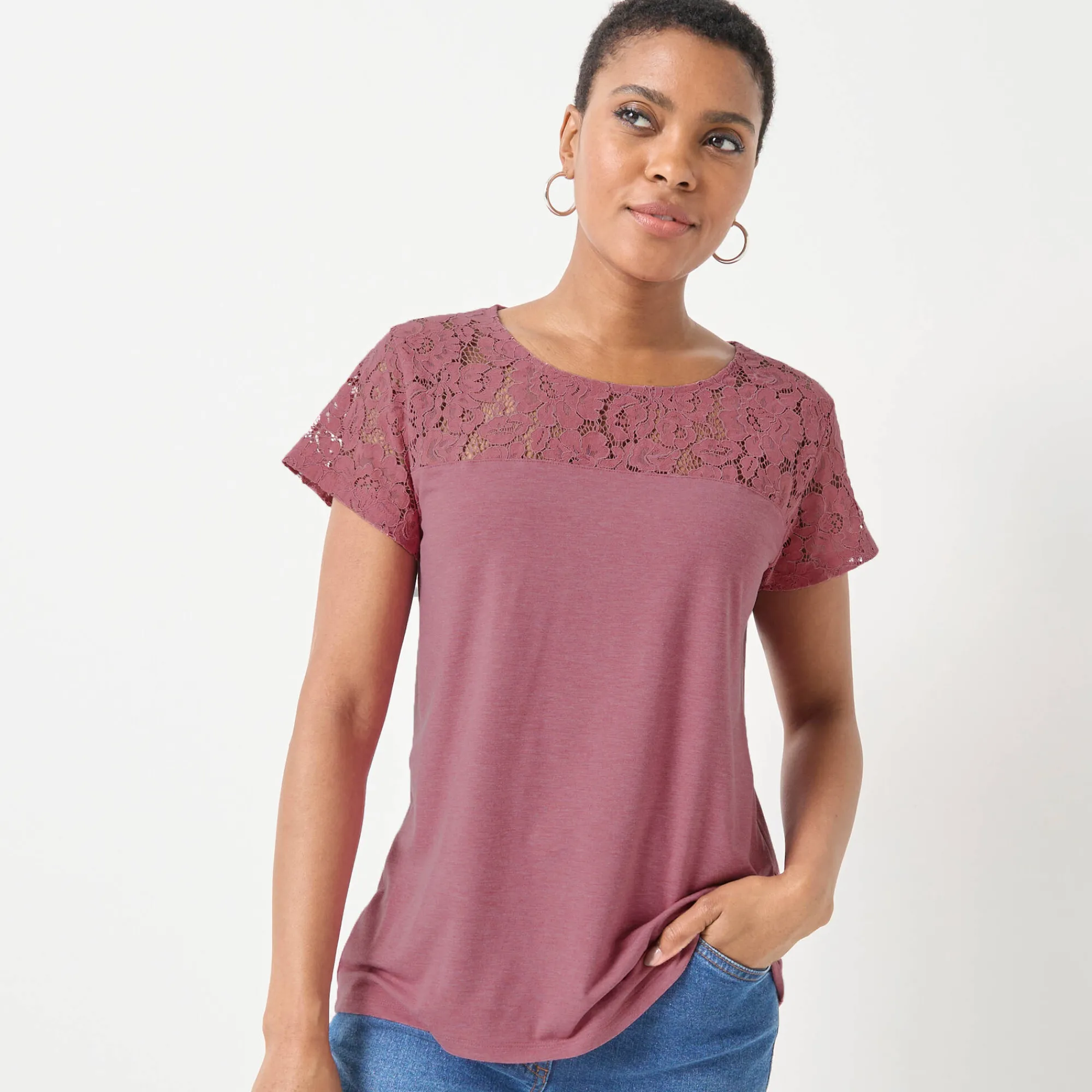 T-Shirt En Topje<Blancheporte T-shirt met korte mouwen in kant chiné rozenhout