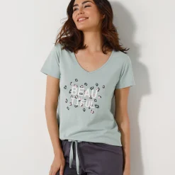 Pyjama<Blancheporte T-shirt met korte mouwen in effen katoen geplaatste "Beautiful" print celadon