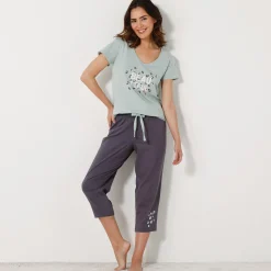 Pyjama<Blancheporte T-shirt met korte mouwen in effen katoen geplaatste "Beautiful" print celadon