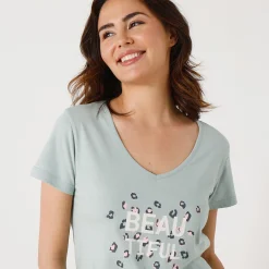 Pyjama<Blancheporte T-shirt met korte mouwen in effen katoen geplaatste "Beautiful" print celadon