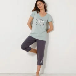 Pyjama<Blancheporte T-shirt met korte mouwen in effen katoen geplaatste "Beautiful" print celadon