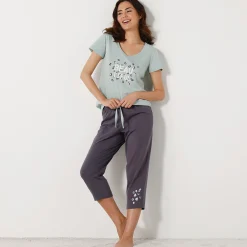 Pyjama<Blancheporte T-shirt met korte mouwen in effen katoen geplaatste "Beautiful" print celadon