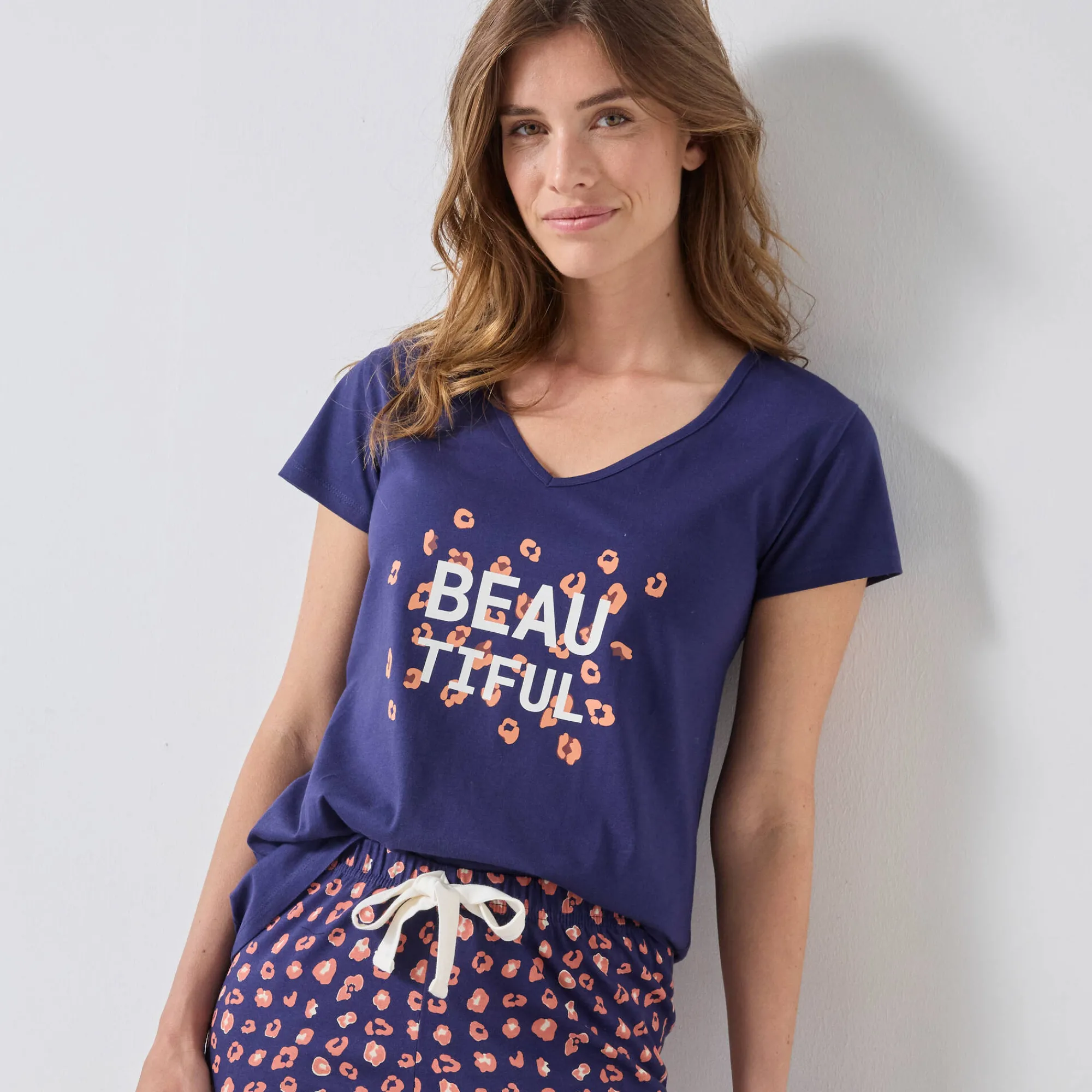 Pyjama<Blancheporte T-shirt met korte mouwen in effen katoen geplaatste "Beautiful" print marineblauw