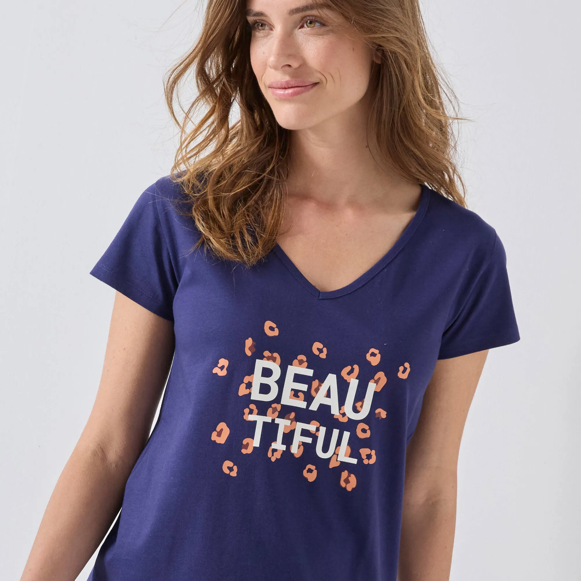 Pyjama<Blancheporte T-shirt met korte mouwen in effen katoen geplaatste "Beautiful" print marineblauw