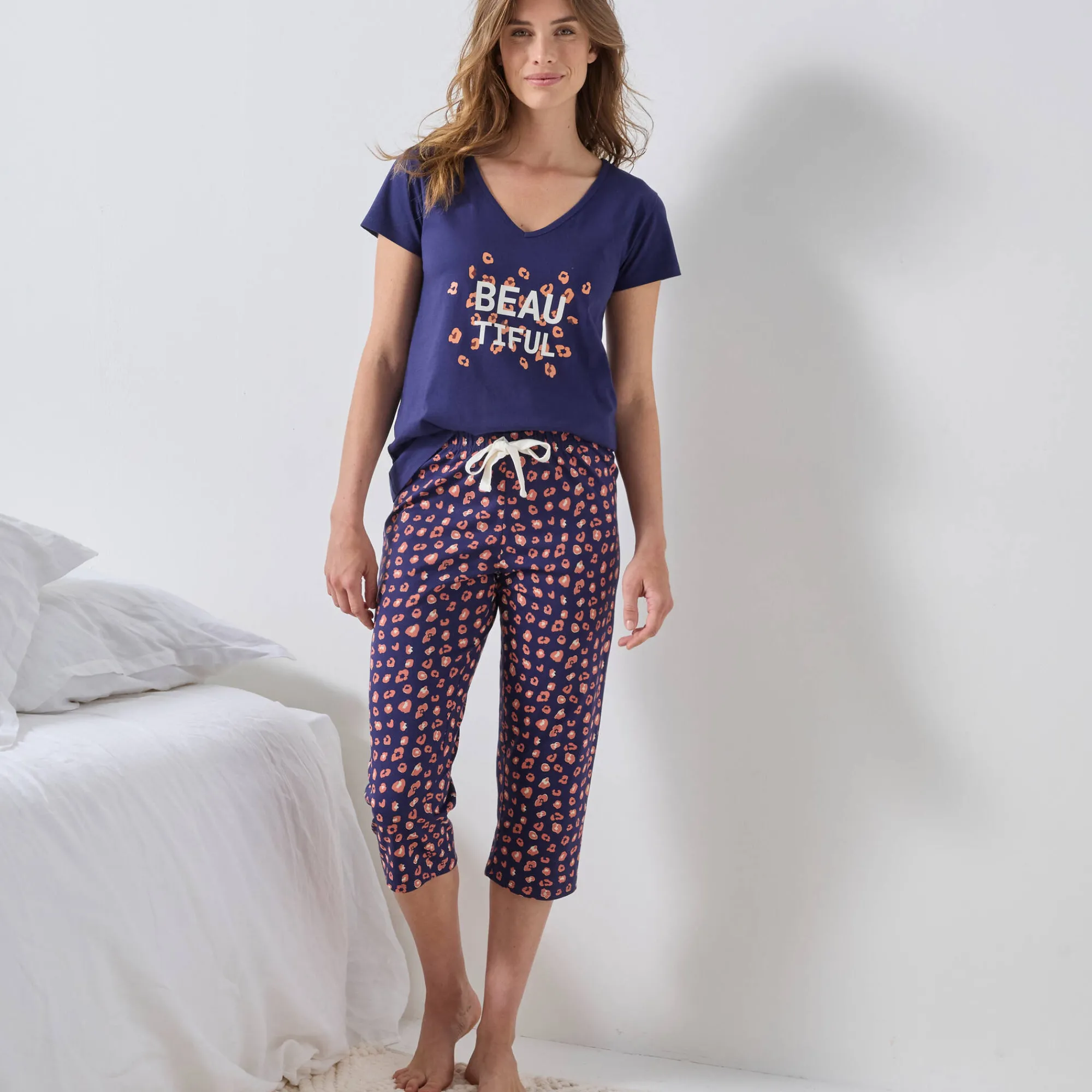 Pyjama<Blancheporte T-shirt met korte mouwen in effen katoen geplaatste "Beautiful" print marineblauw