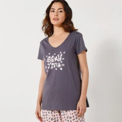 Pyjama<Blancheporte T-shirt met korte mouwen in effen katoen geplaatste "Beautiful" print antracietgrijs