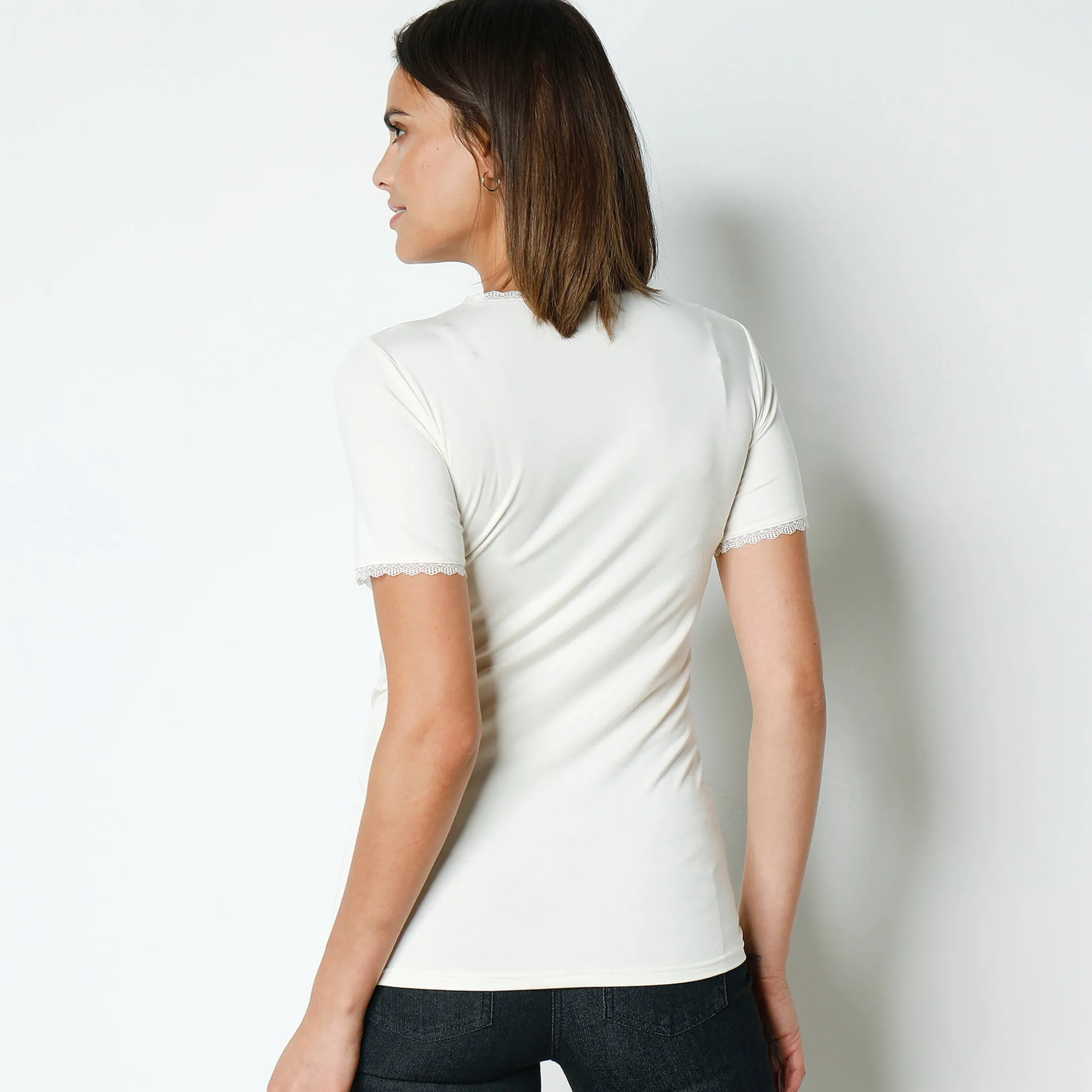 Thermisch Ondergoed<Blancheporte T-shirt met korte mouwen, 'tweede huid'-warmte en kanten details ivoorkleur