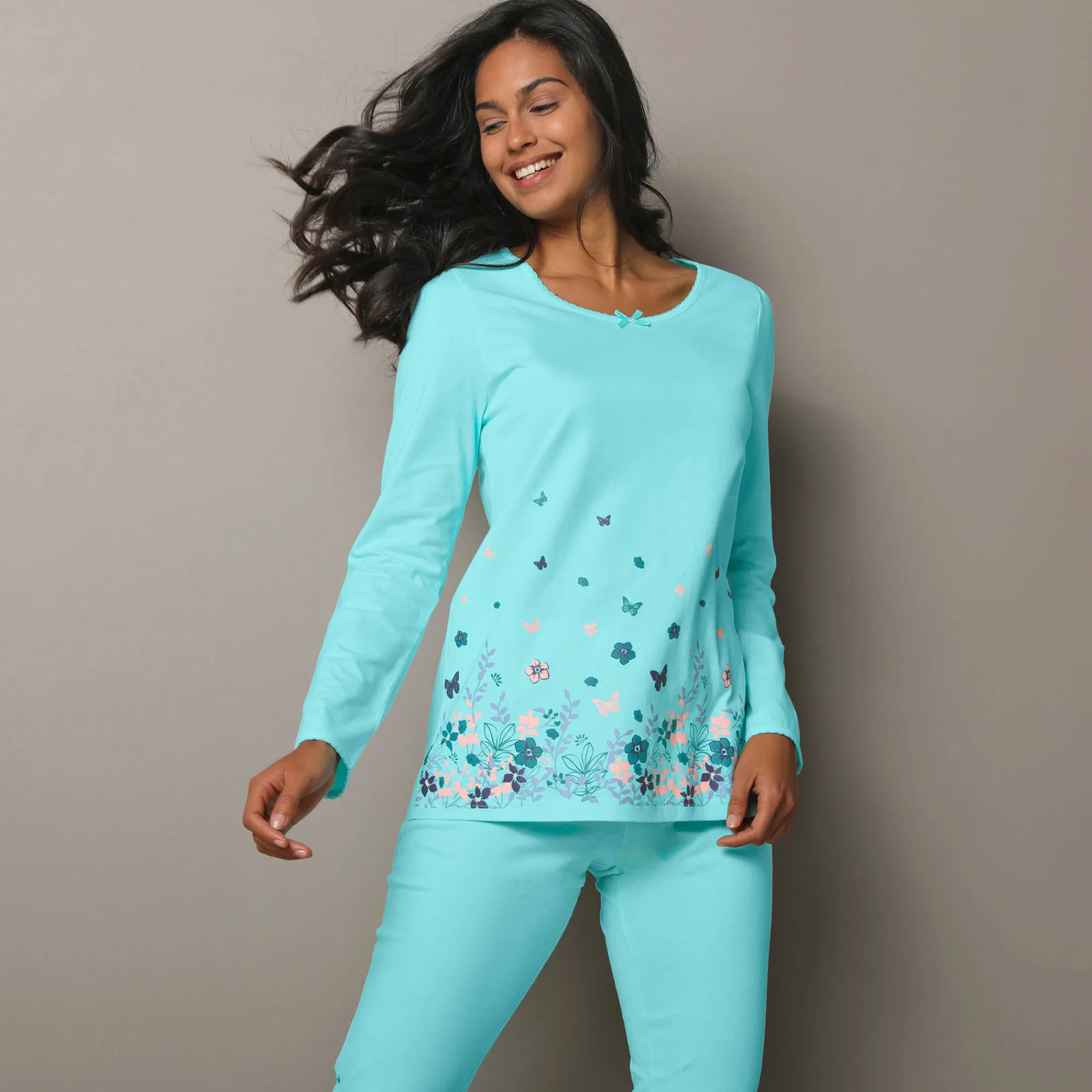 Pyjama<Blancheporte T-shirt met landelijke print onderaan - lange mouwen aqua