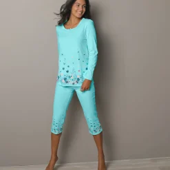Pyjama<Blancheporte T-shirt met landelijke print onderaan - lange mouwen aqua