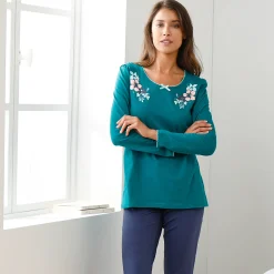 Pyjama<Blancheporte T-shirt met landelijke print aan de hals - lange mouwen smaragd