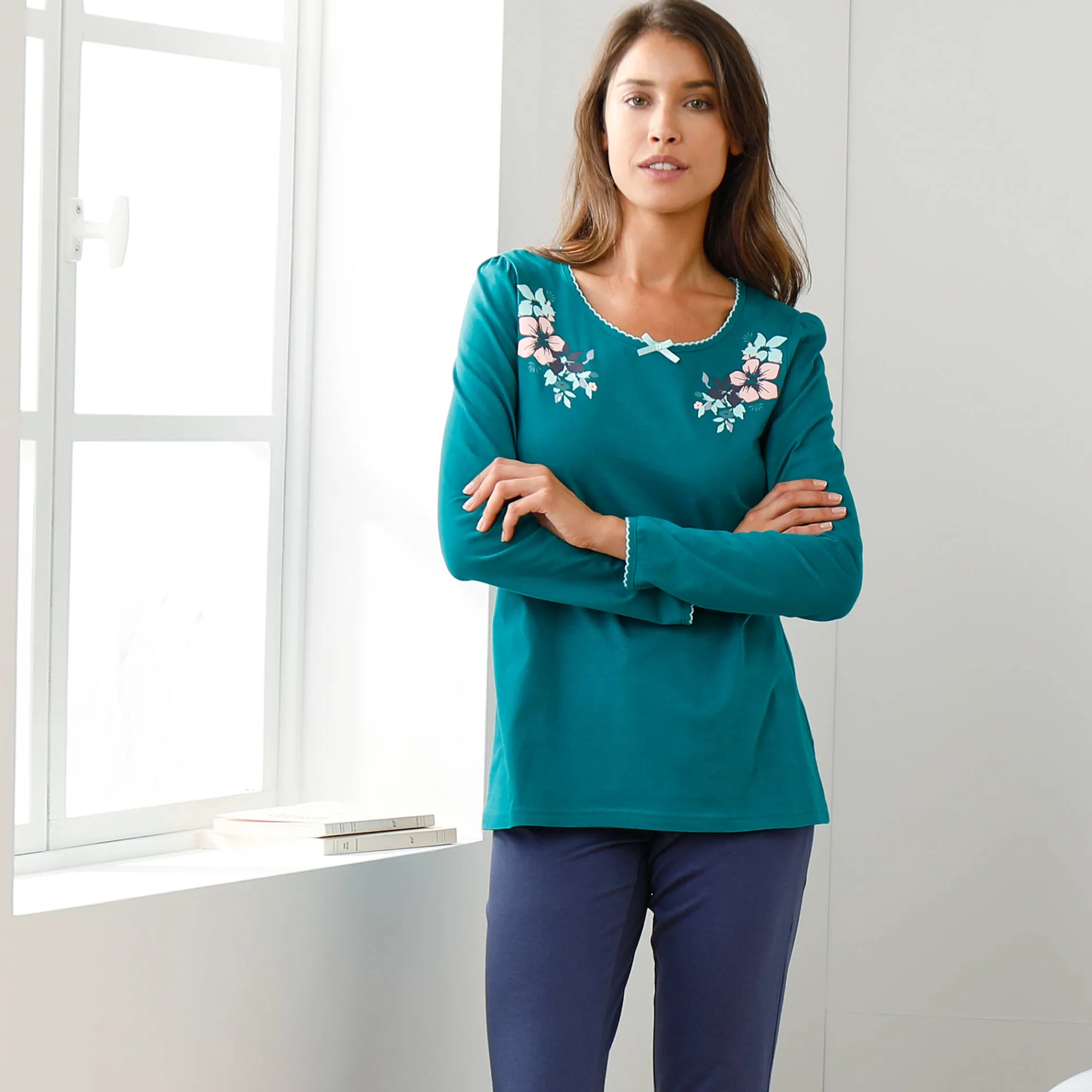 Pyjama<Blancheporte T-shirt met landelijke print aan de hals - lange mouwen smaragd
