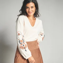 T-Shirt En Topje<Lora Zellini T-shirt met lange, geborduurde mouwen, katoen ecru