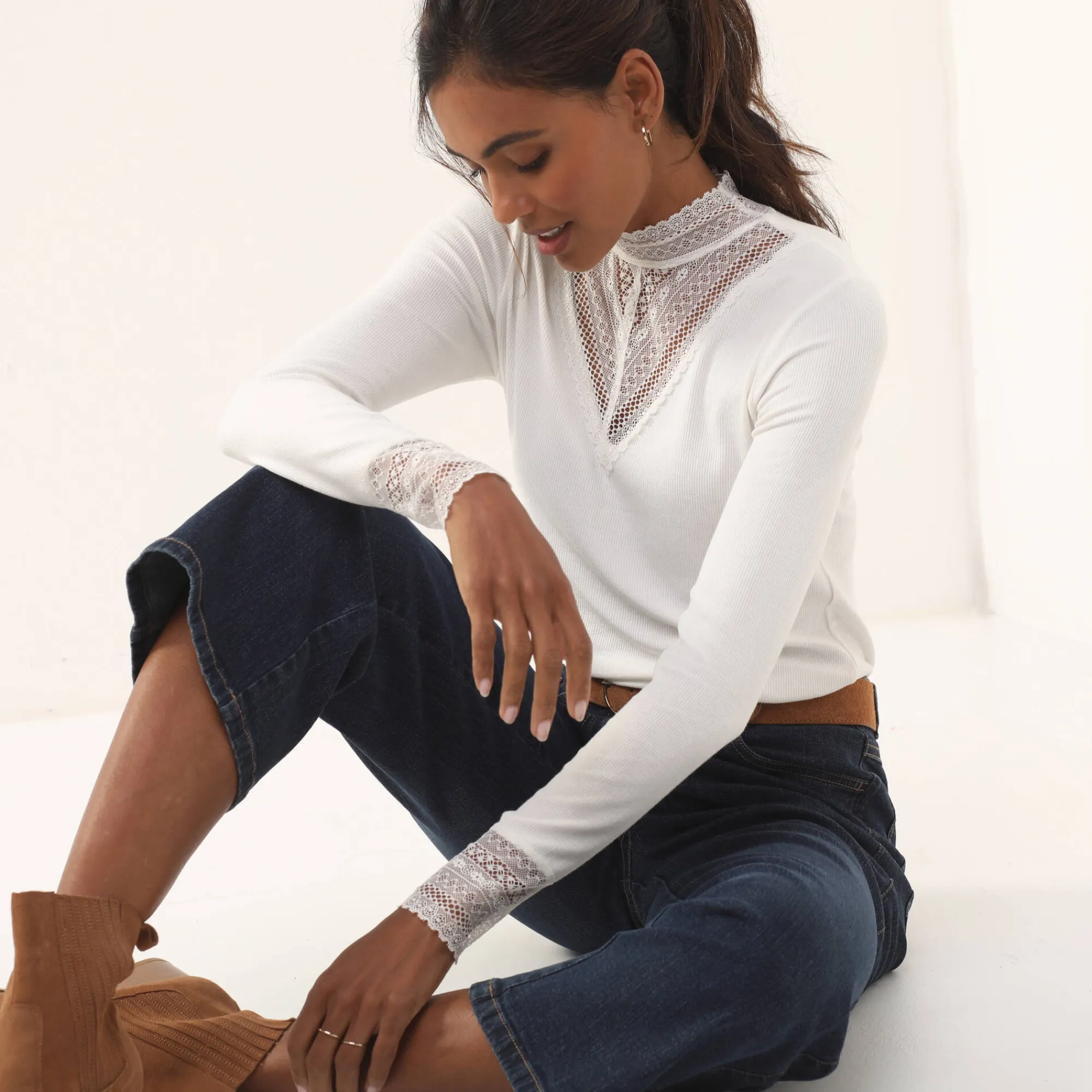 Feestoutfits Dames|T-Shirt En Topje<Blancheporte T-shirt met lange mouwen en kant ecru