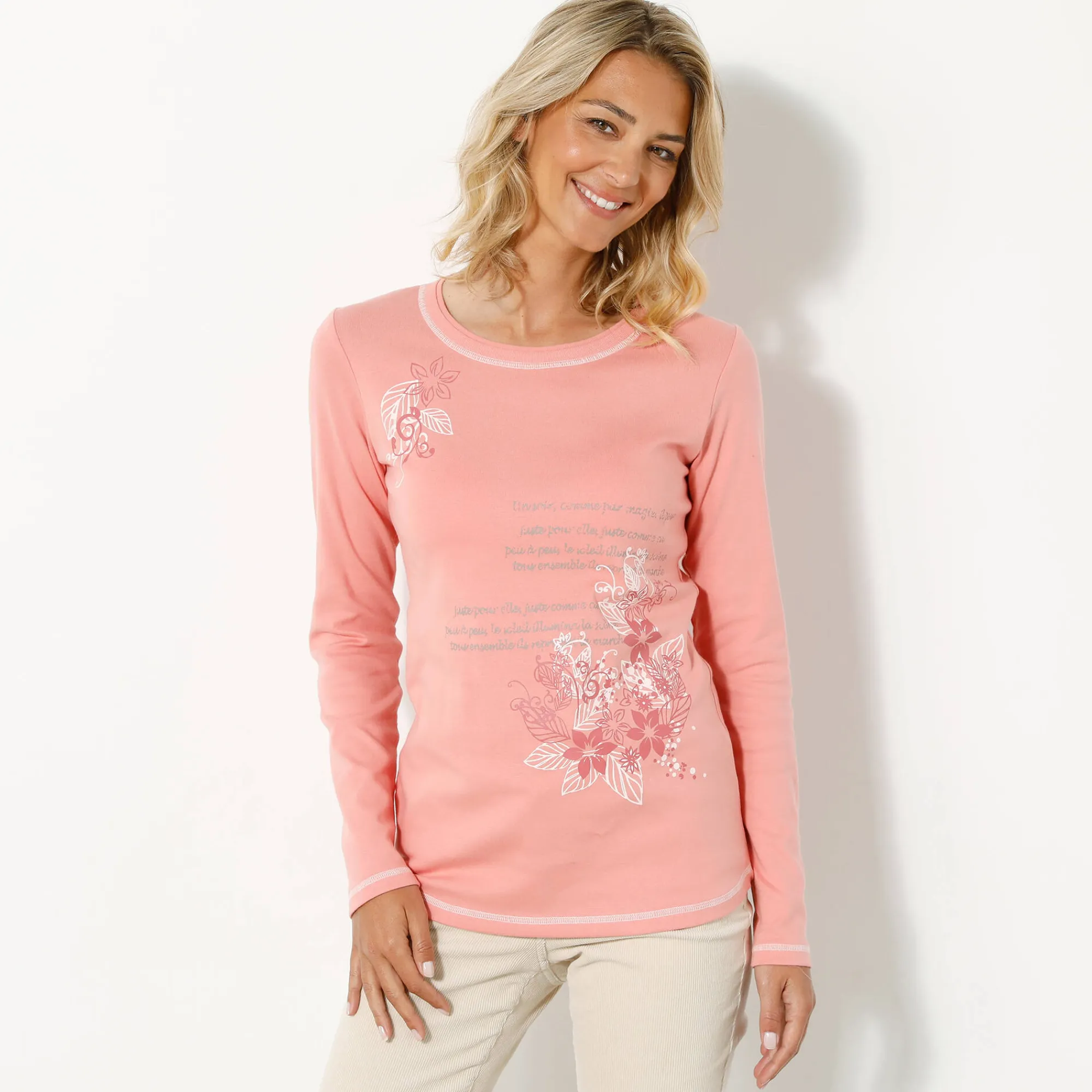 T-Shirt En Topje<Blancheporte T-shirt met lange mouwen en bloemenprint grijzig koraal