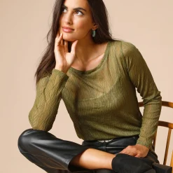 T-Shirt En Topje<Blancheporte T-shirt met lange mouwen, fantasie nettricot mosgroen