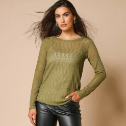 T-Shirt En Topje<Blancheporte T-shirt met lange mouwen, fantasie nettricot mosgroen