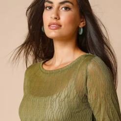 T-Shirt En Topje<Blancheporte T-shirt met lange mouwen, fantasie nettricot mosgroen