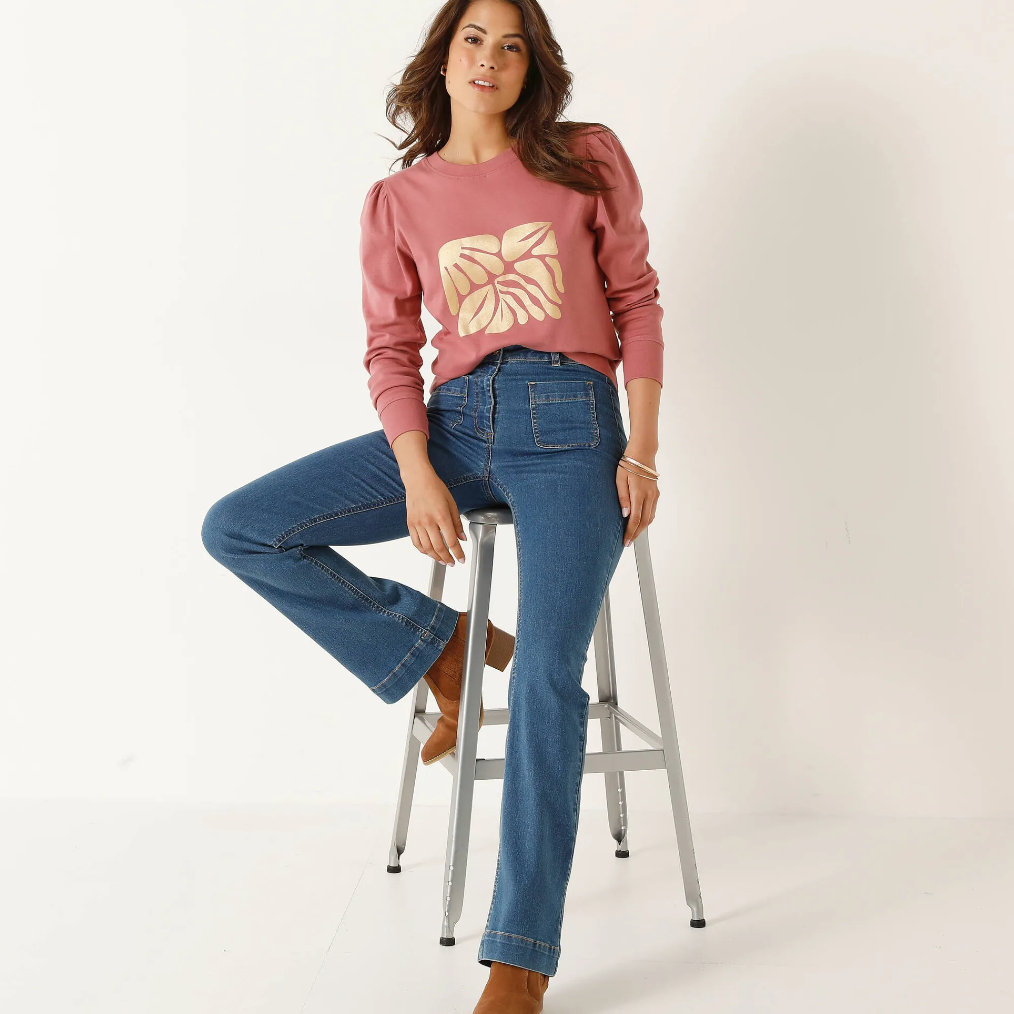 T-Shirt En Topje<Blancheporte T-shirt met lange mouwen, glanzende print grijsroze